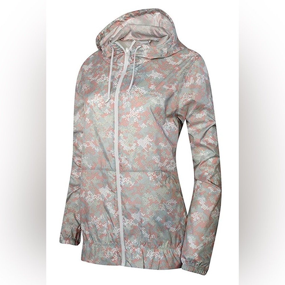 Columbia Women's Morning View Windbreaker Hooded Printed Jacket Ruffle Bottom Sm